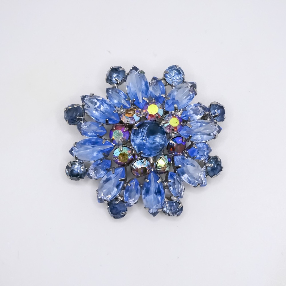 Vintage Brooch Blue Glass Rhinestone Womens Silver Flower Pin Open Back